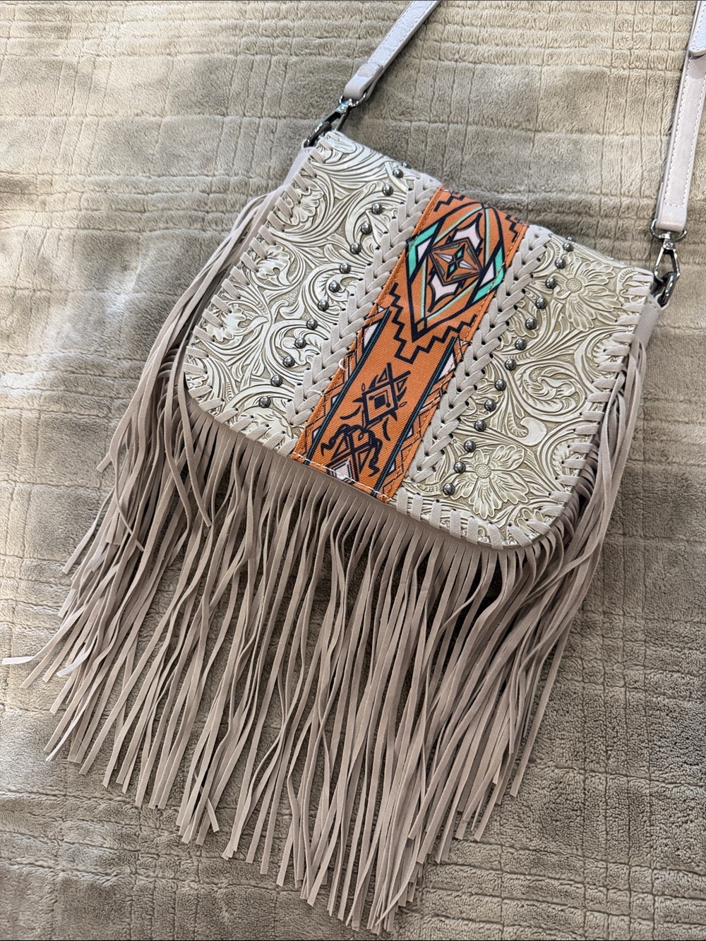 Fringed Embossed Crossbody Bag with Orange Aztec Detail